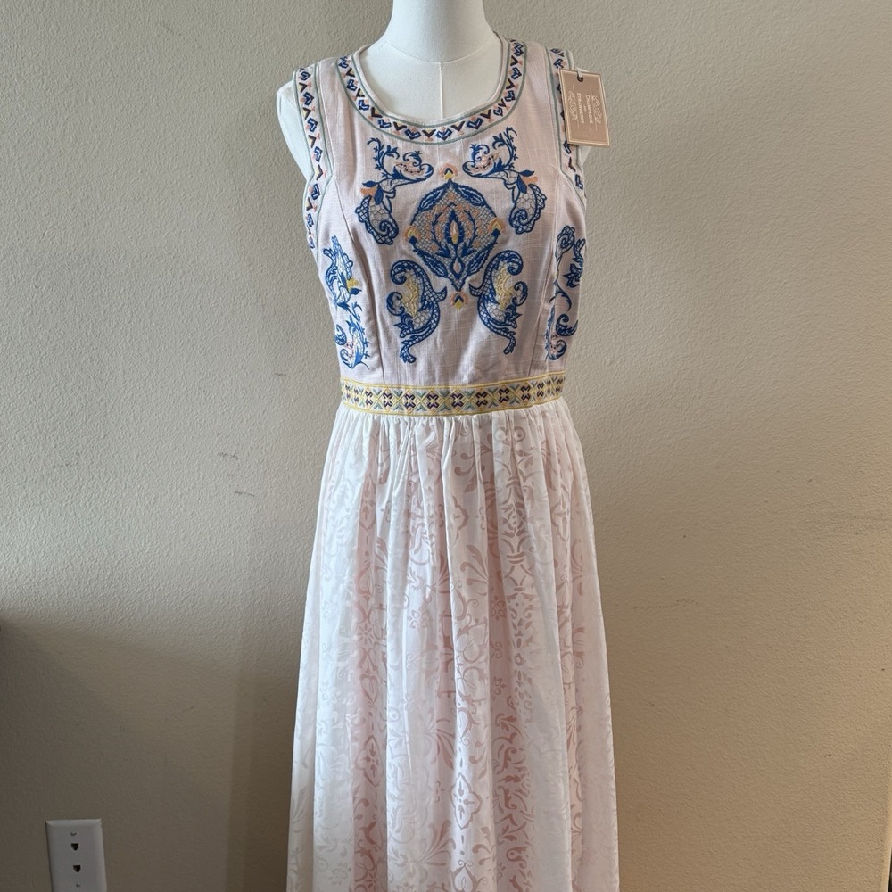 Champagne & Strawberry Maxi Dress M Embroidered Boho Cottagecore NWT